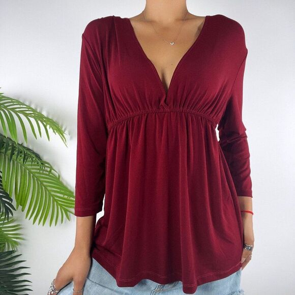 Vintage Y2K Deep Red Vampy Romantic Grunge V-Neck Babydoll Long Sleeve Blouse /L - Picture 1 of 6